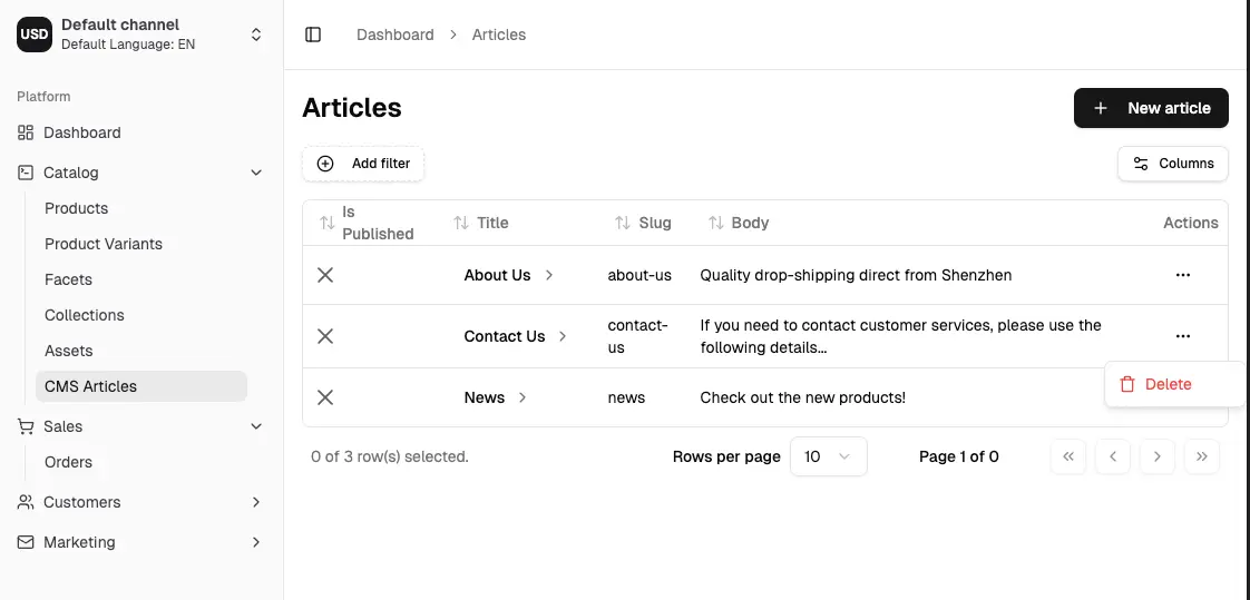 List view with entries